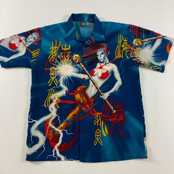 Vintage 90s Y2K Mermaid Anime All Over Print Shirt Mens Large Button Down Up R2 - Picture 1 of 11